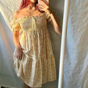 Vintage Yellow Floral Smocked Off-the-Shoulder Cottagecore Dress, Fits XS